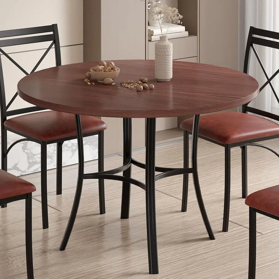

36 Round Dining Table for 4, Wood Grain Dinette with Metal Frame for Kitchen, Apartment, Home, SpaceSaving, Brown