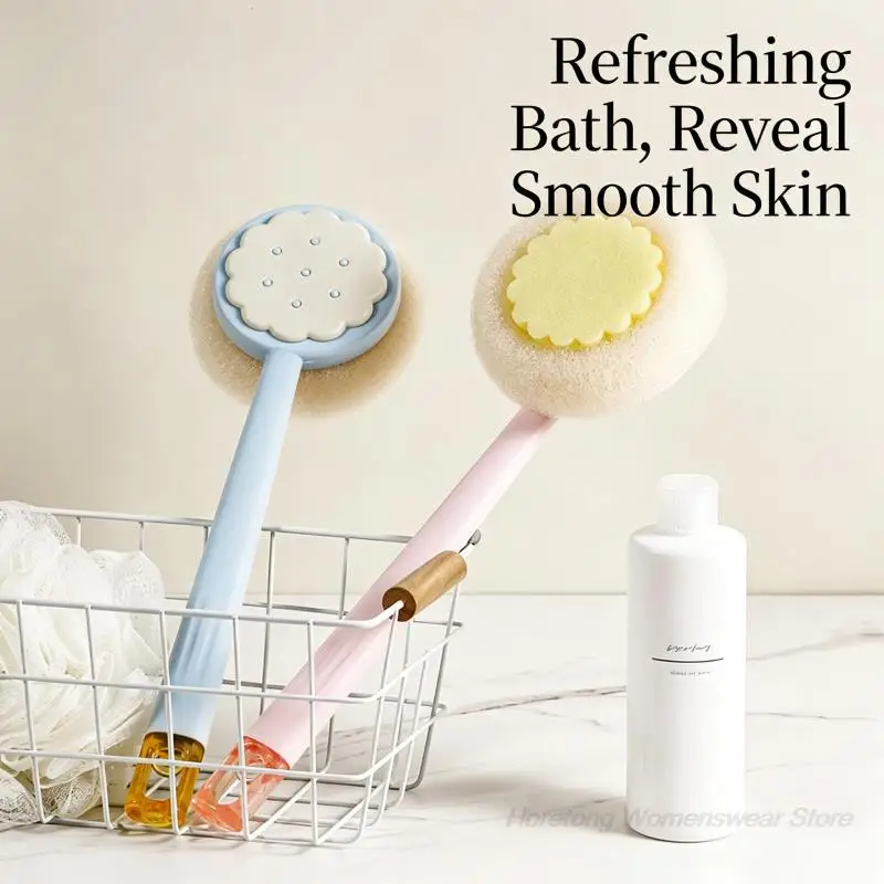 Bath Brush Long Handle Double Sided Cookie Shape 2 in 1 Loofah Sponge Non-Slip Grip Hanging Shower Brush for Home Spa Women Men