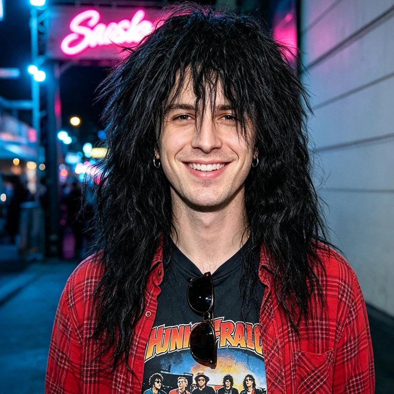 Black Long Shaggy Curly Wig Synthetic Hair 80s Punk Rock Gothic Cosplay Halloween Costume Party Full Wigs For Men Women