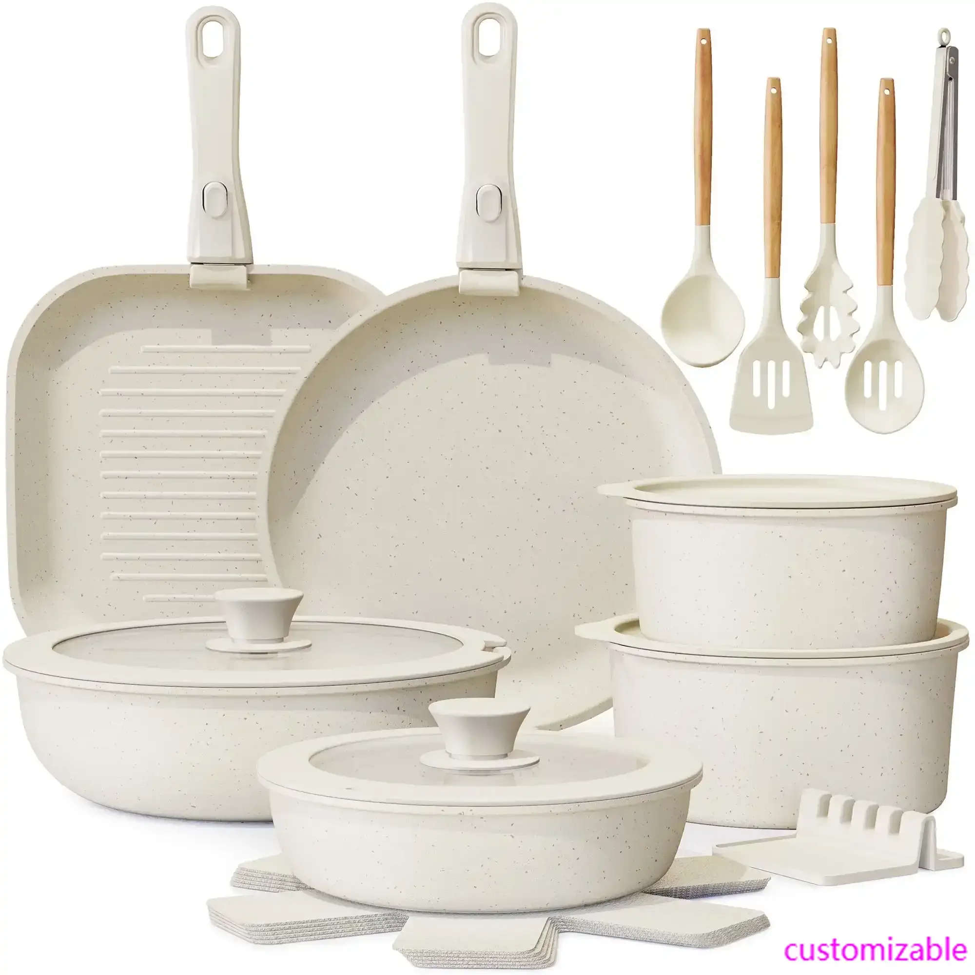

22 Piece Ceramic Pots and Pans Set Non Stick, Cookware Set with Detachable Handles, Oven Safe, Induction Ready