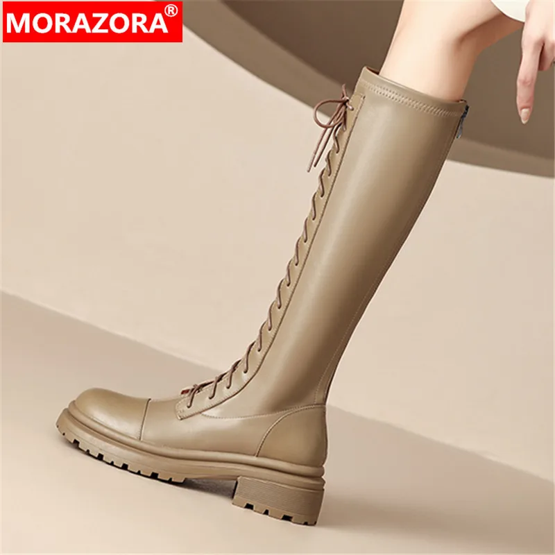 MORAZORA 2024 New Zipper Genuine Leather Women Boots Winter Knee High Boots Narrow Band Ladies Platform Boots