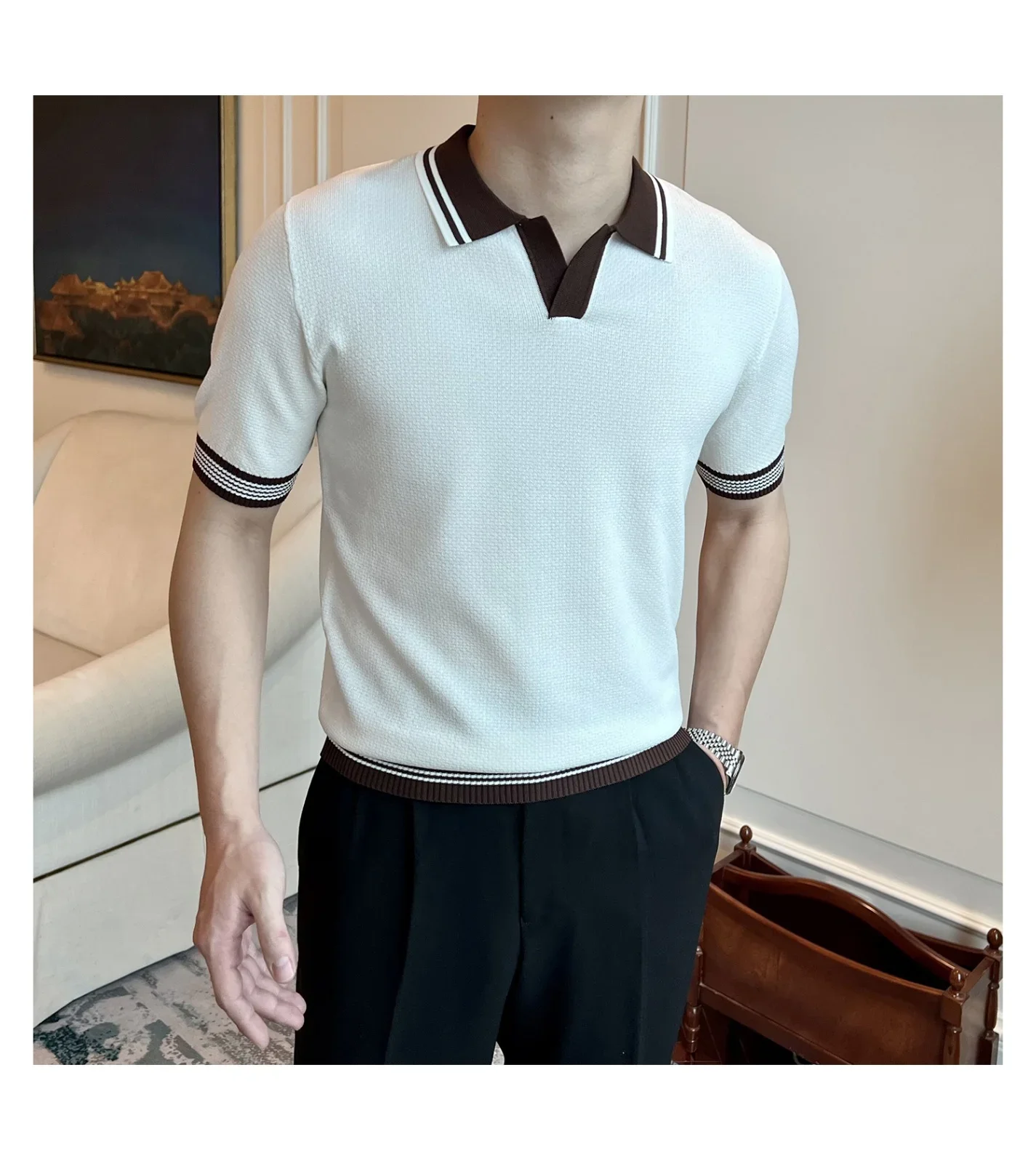 Men's Summer Casual Minimalist Polo Shirt, Breathable V-Neck Short Sleeve Top, Comfortable All-Match Knit Sweater