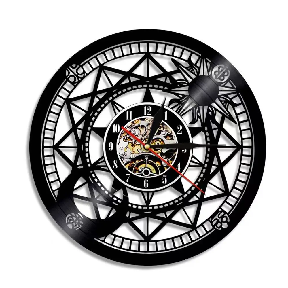 Sun And Moon Vinyl Record Wall Clock with LED Backlight Celestial Stars Astrology Art Night Light Mystic Gothic Home Decor Gift