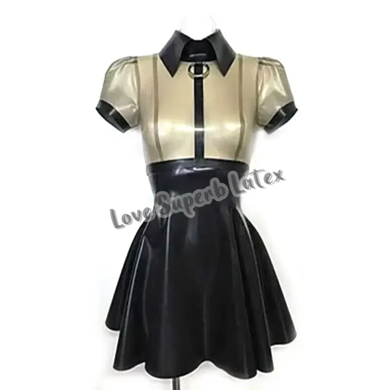 

Rubber Latex Dresses Transparent Black and Black Latex Rubber Skate Dress Short Sleeve with Back Zip