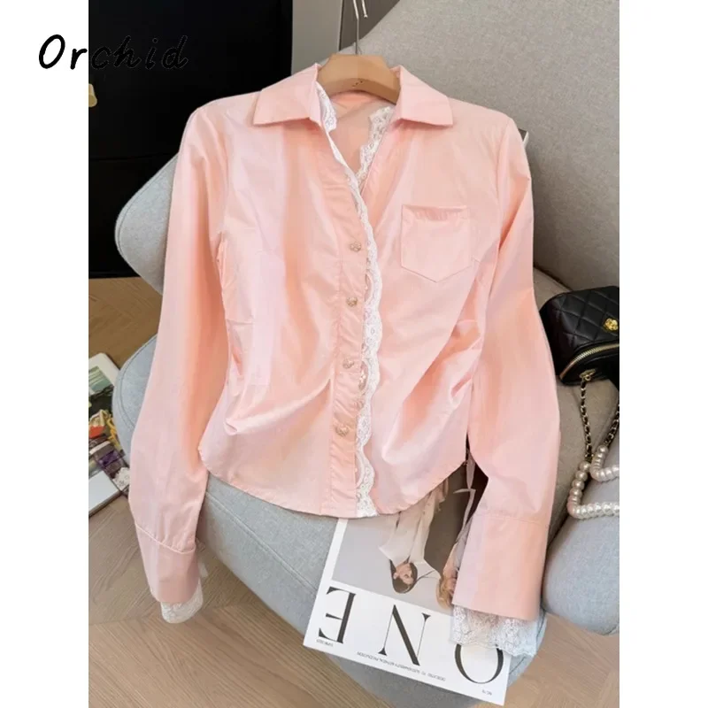 

Women's Casual Gyaru Fashion Lace Patchwork Coquette Shirts 2025 Spring Hotsweet Style Turn-down Collar Long Sleeve Blouses