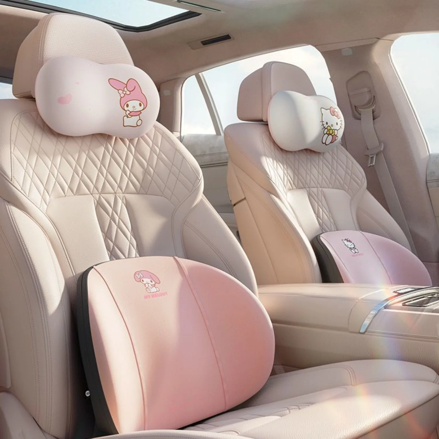 

Cute HelloKitty 2026 Car Comfort Set Memory Foam Headrest Pillow and Lumbar Cushion Sanrio Kawaii Anime Style Support Gift