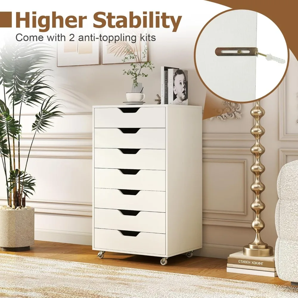 خزانة ملفات متنقلة مع 7 أدراج - منظم جانبي على عجلات لحلول تخزين المكاتب المنزلية