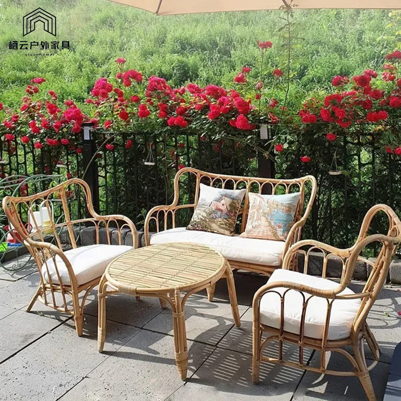 Natural Japanese Real Rattan Sofa Set for Courtyard Sunroom Garden Single Leisure Chair Outdoor Patio Furniture