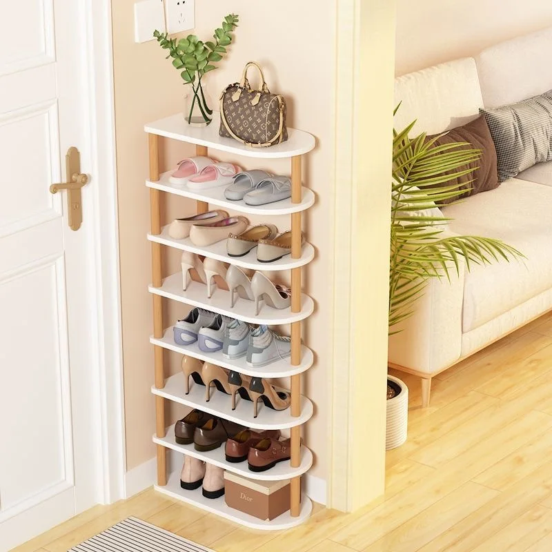 Solid wood leg shoe rack simple multi-layer household small narrow entrance rental house integrated against the wall shoe cabine