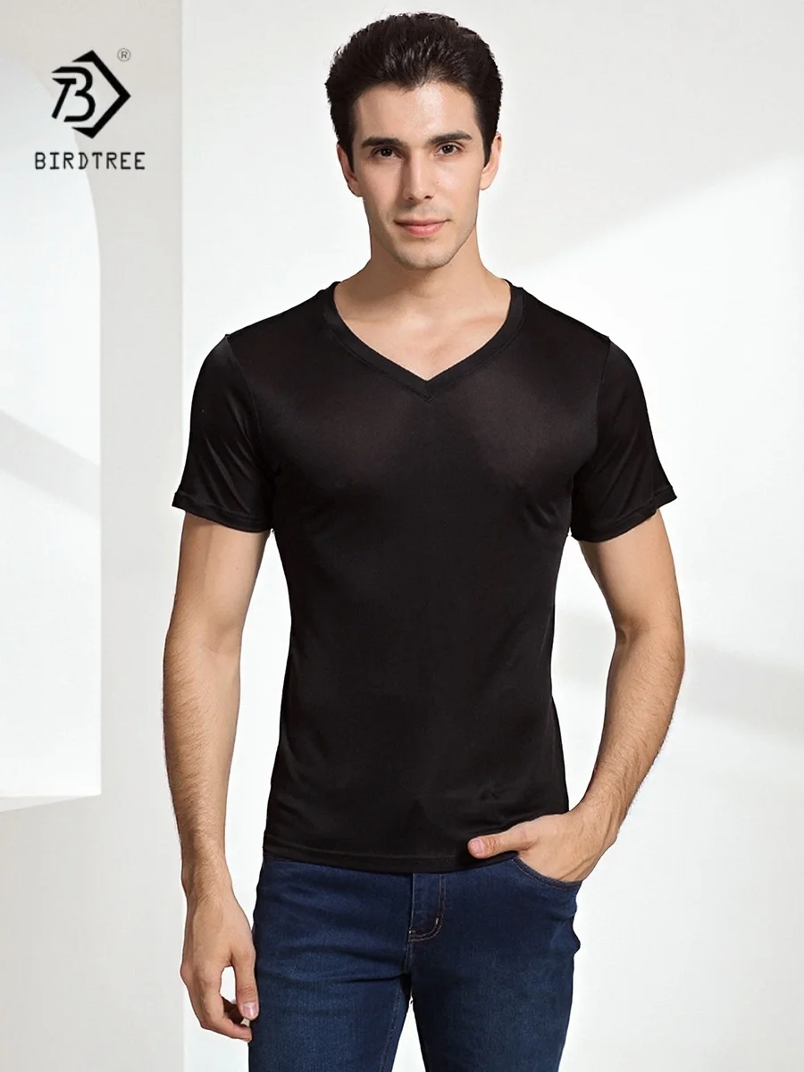 

Birdtree 100% Mulberry Silk Black Color T Shirt,Man Short Sleeve V-neck Loose Breathable Summer Knit Tops T-shirt T59241JF