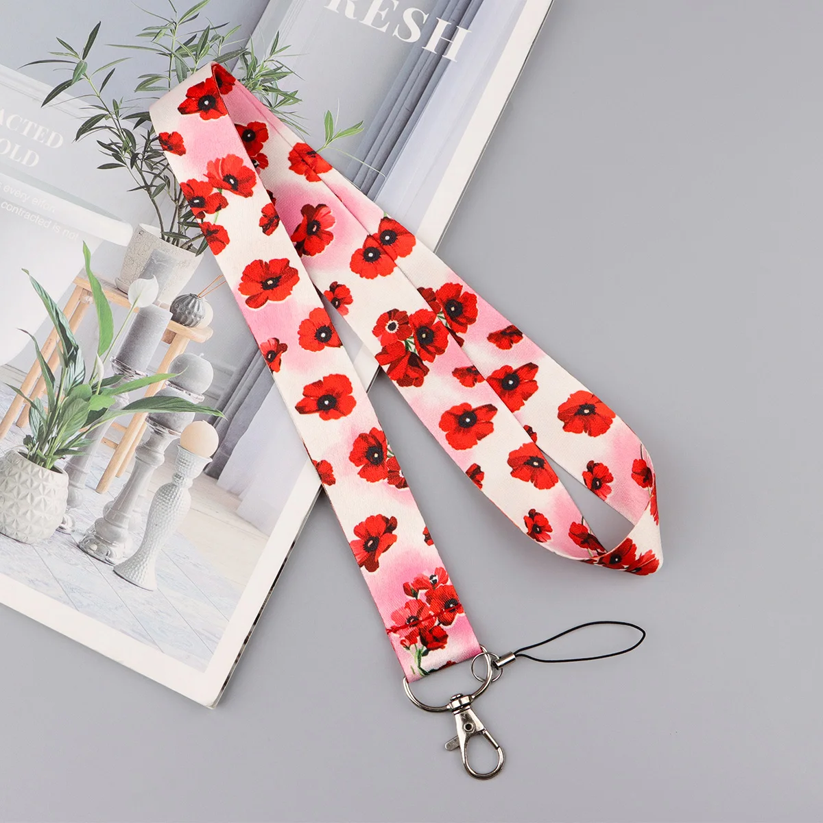 Trendy Pink Cherry Lanyard Keychain Vintage Red Poppy Ribbon Hang Rope Keyring Mobile Phone Neck Straps Key Ring Friends Gifts - view 4