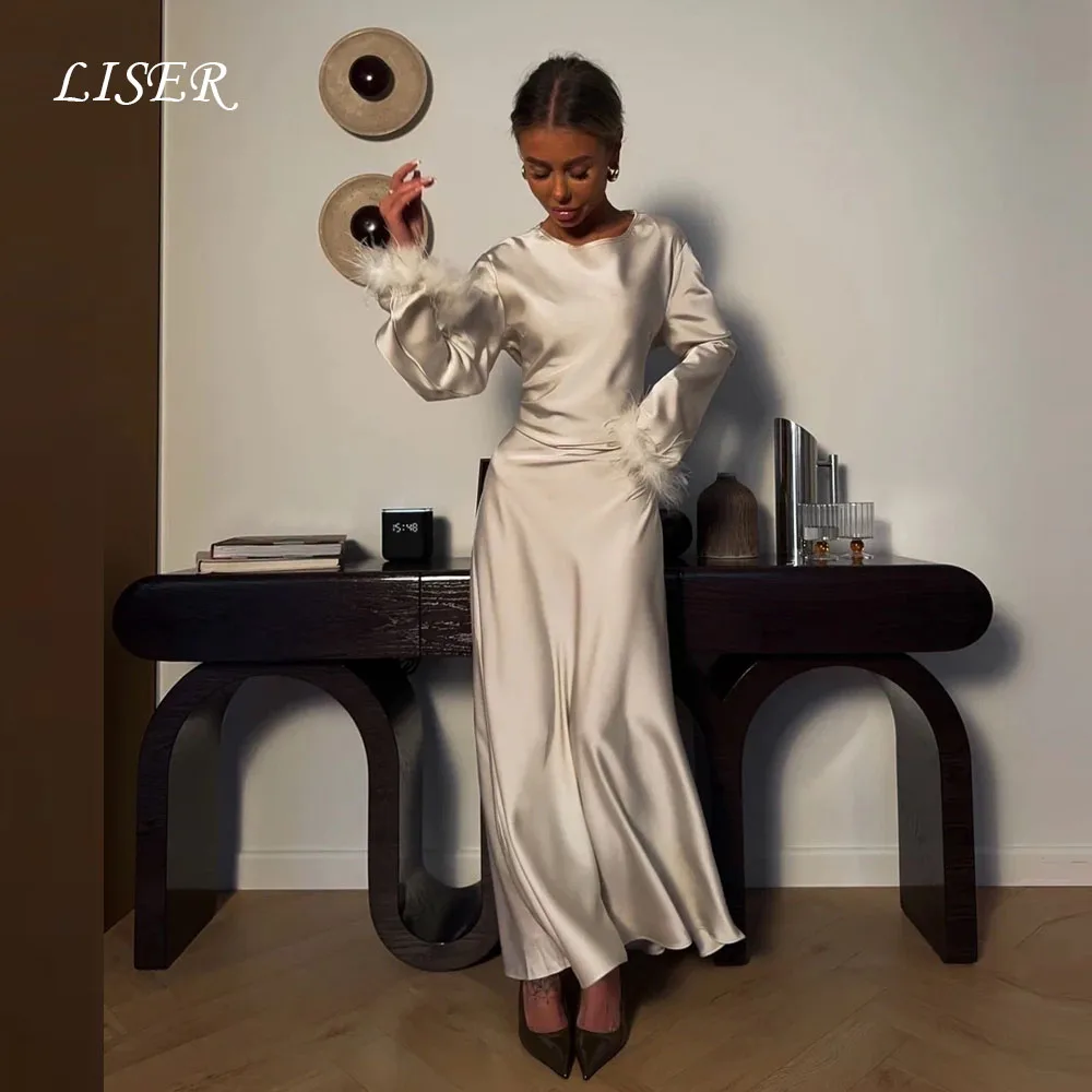 Liser O-Neck A-Line Wedding Dresses Full Sleeves Simple Satin Silk Elegant Feather Bridal Gown Customized robe de mariée