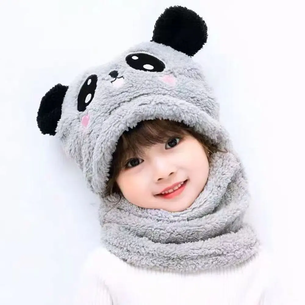 Fashion Cartoon Panda Coral Velvet Cap Fleece Balaclava Baby Scarf Hat Plush Kids Caps Boys Girls