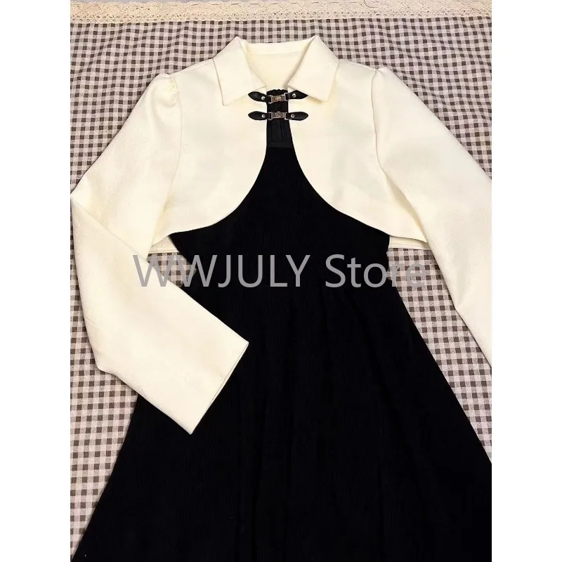 Women New Style French Elegant 2 Piece Set Casual Y2k Crop Tops + Slim Black Sleeveless Midi Dress Party Korean Style Suit