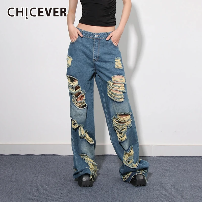 

CHICEVER Hollow Out Jeans For Women High Waist Patchwork Button Loose Ripped Streetwear Do Old Denim Pants Female Summer Clothes