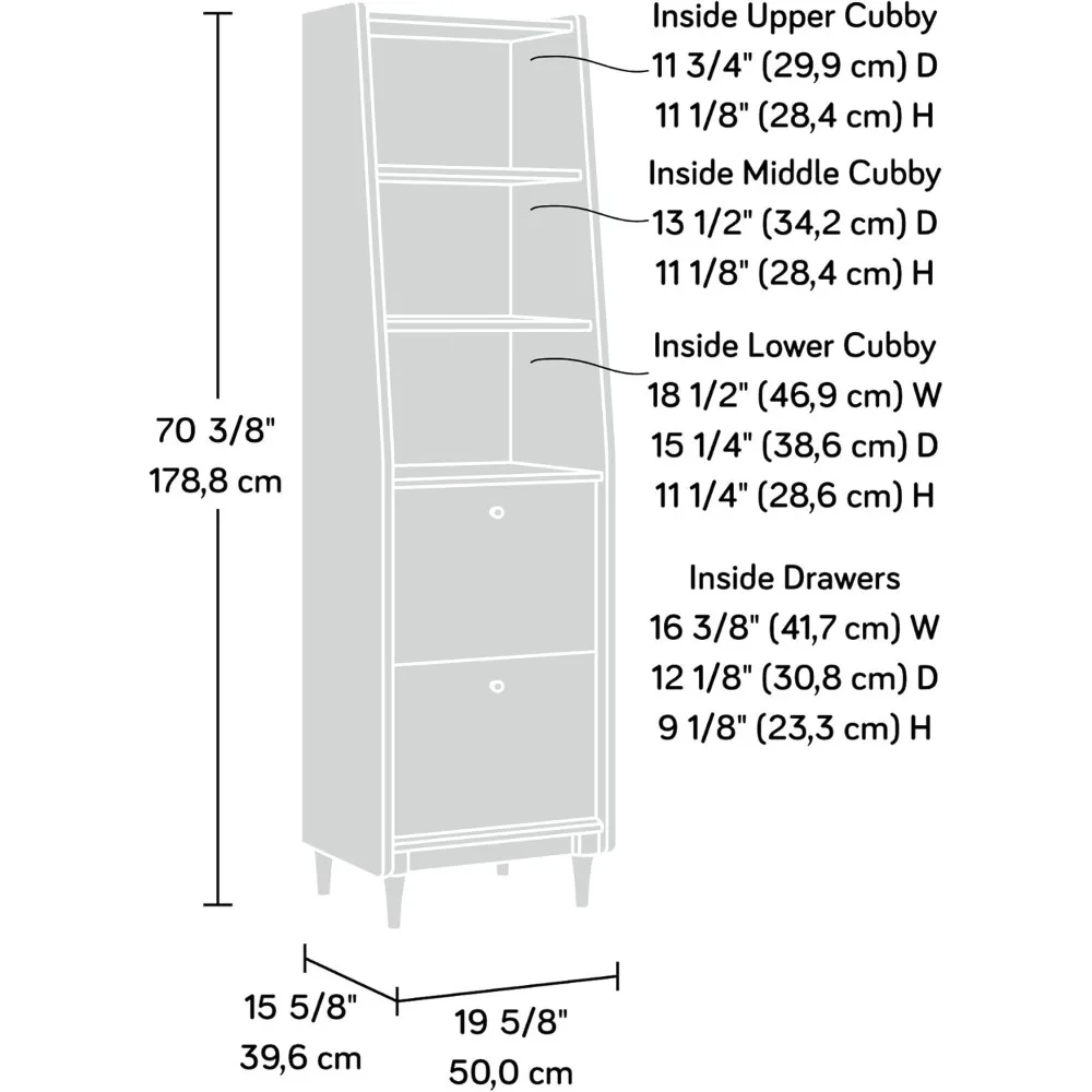Mid-Century Modern Tall Narrow Bookcase with Drawers in Grand Walnut Finish by Sauder Harvey Park