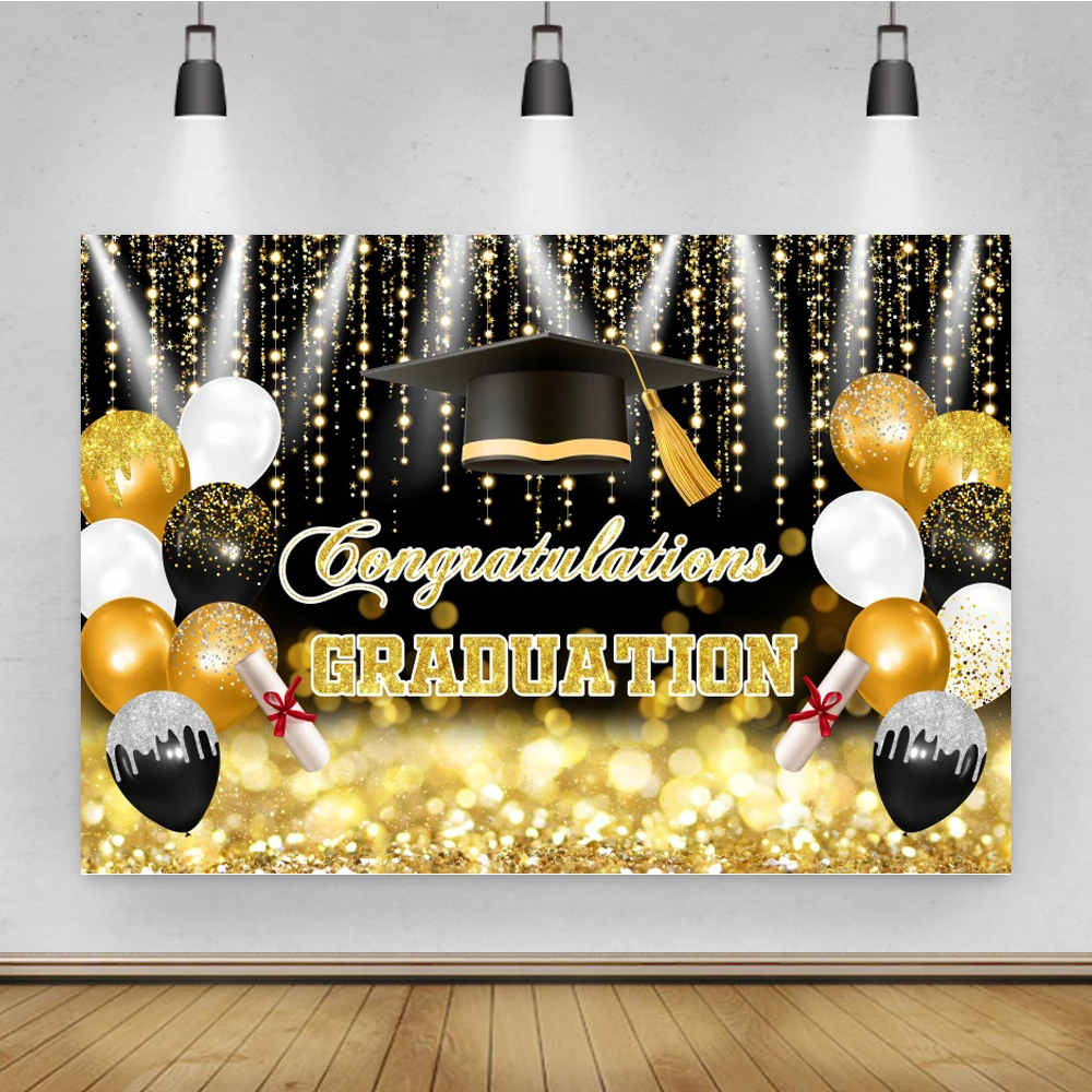 Laeacco Congratulations 2024 Graduation Party Decor Poster Gold Balloon Ribbons Black Photography Backdrop Vinyl Background