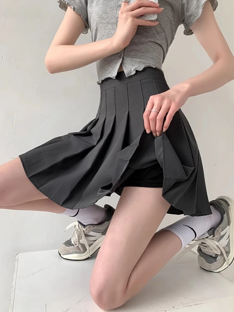 HOUZHOU Women Pleated Mini Skirt Preppy Style High Waist A-line Sexy Cute Black Grey Skirt Shorts Y2K Skort School Uniform