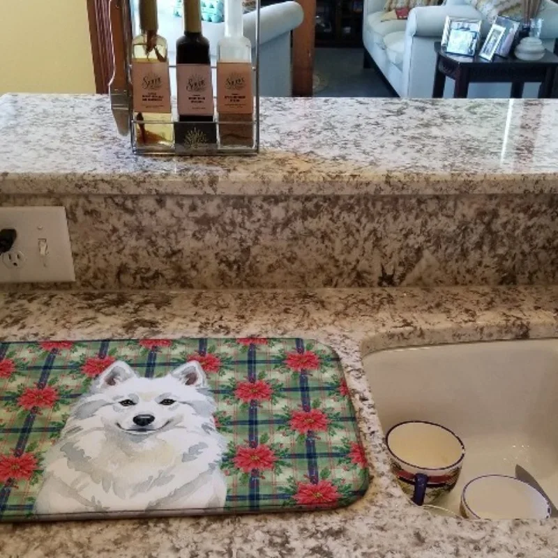 

American Eskimo Christmas Poinsettia Dish Drying Mat 14x21" Absorbent Kitchen Counter Mat