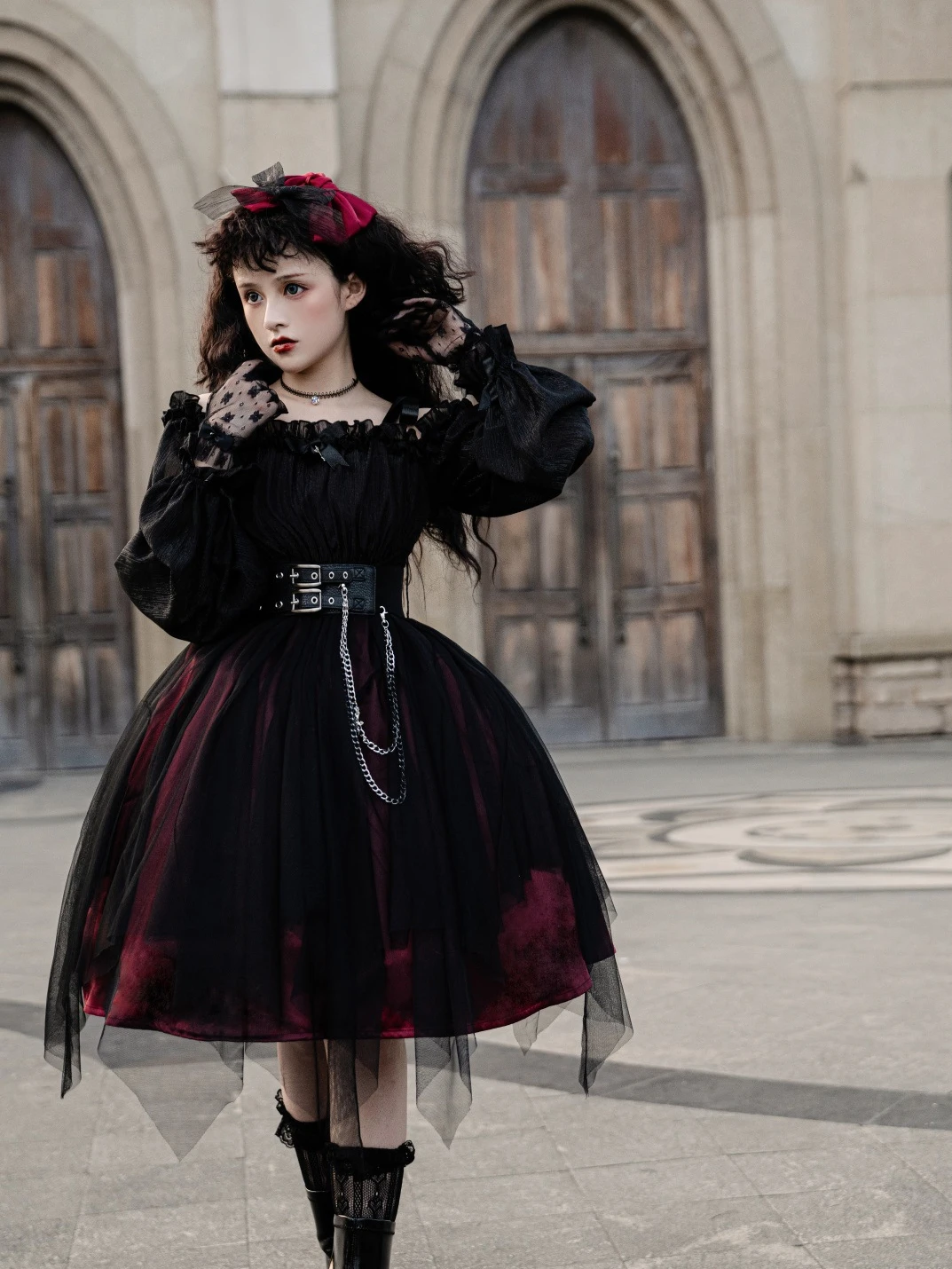 Robe mi-longue Lolita pour fille, col carré rétro, noir foncé, printemps et automne