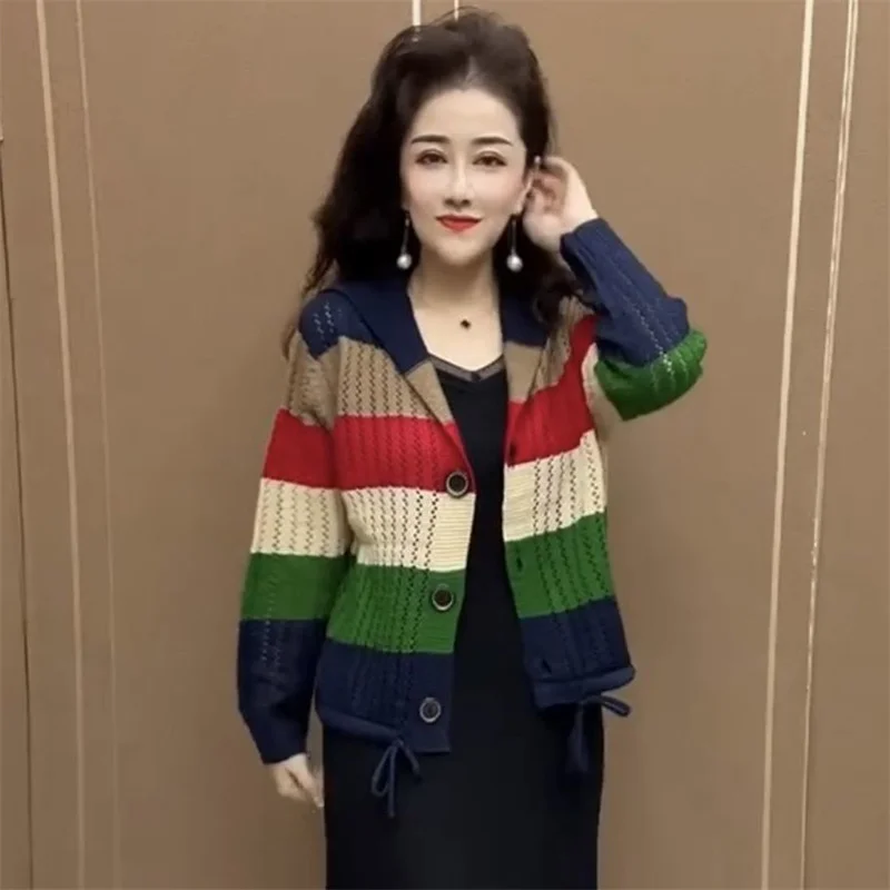 Women Korean Rainbow Stripe Hooded Knitted Coat 2023 Autumn Female New Western Style Reduced Age Cardigan Hollow Striped Sweater