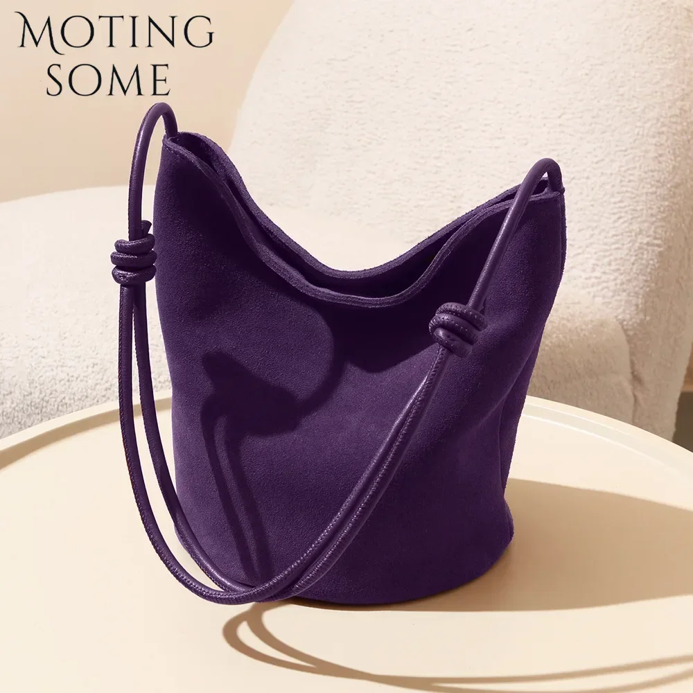 Motingsome Suede Leather Handbag Women Mini Bucket Tote Strings Shoulder Vintage Bags Winter Daily Commuting Purses 2024 New