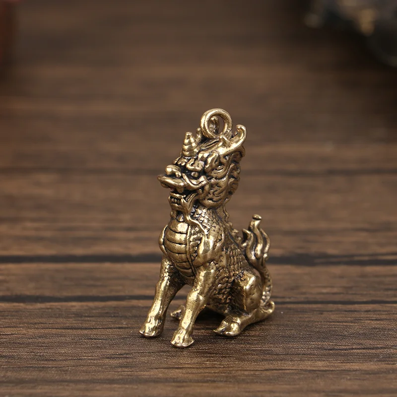 Ornamental Fengshui Qilin Figurine, Chinese Style Brass statue for Wealth and Good Luck, Vintage Decor