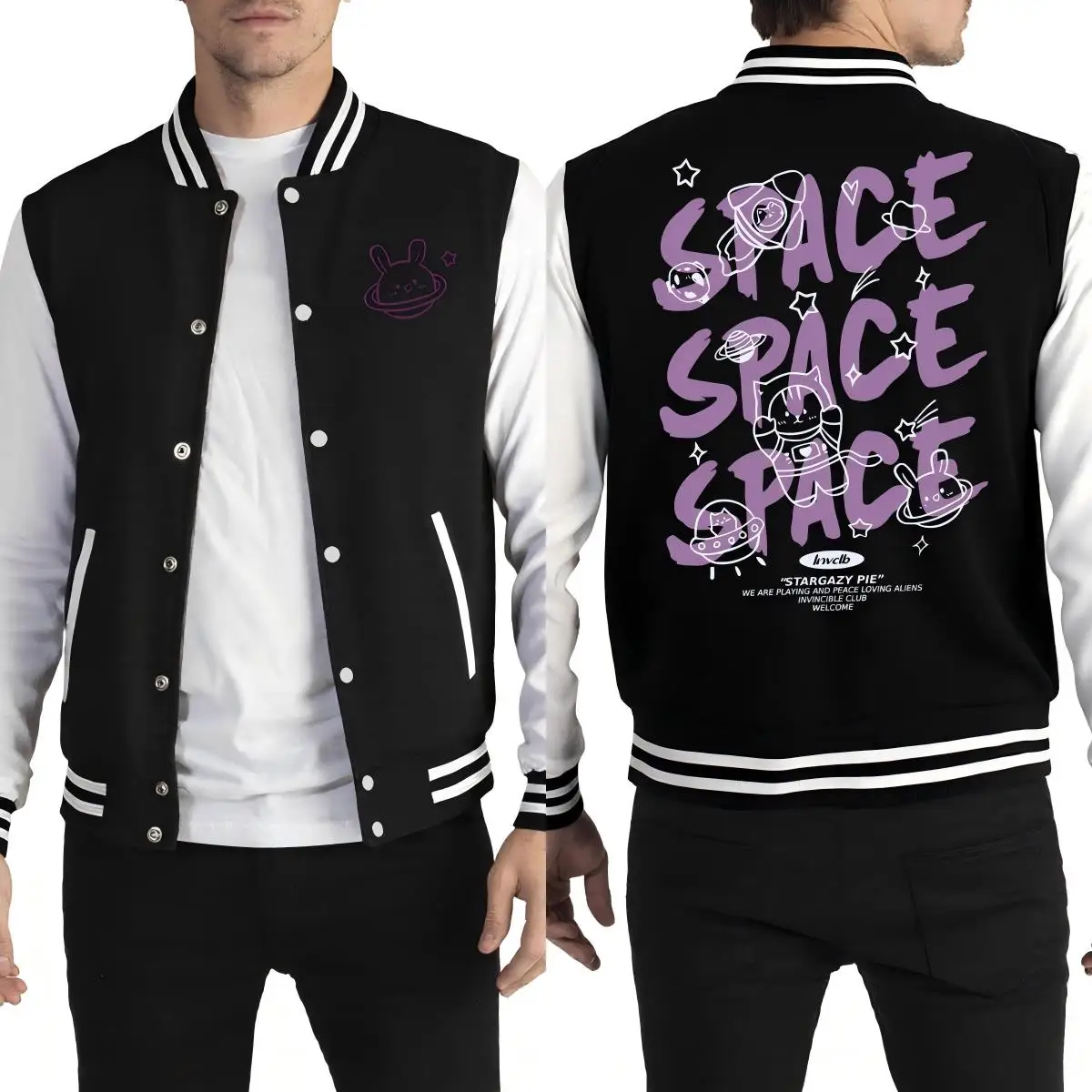 

Space Art Letter Creative Printing Men Jacket Autumn Street Pullover All-Match Casual Sportswear Fleece Loose Baseball Uniform