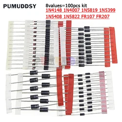 1N4148 1n4007 1N5819 1N5399 1N5408 1N5822 FR107 FR207,8Values=100pcs,electronic Components Package,diode Assorted Kit