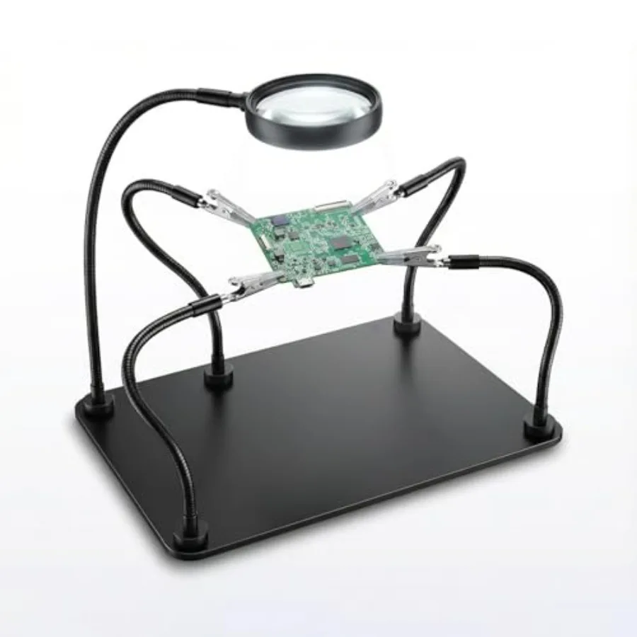 

Паяльная станция с 5-кратным увеличительным стеклом, держателем для пайки, металлическим держателем для печатных плат и 4 гибкими металлическими руками