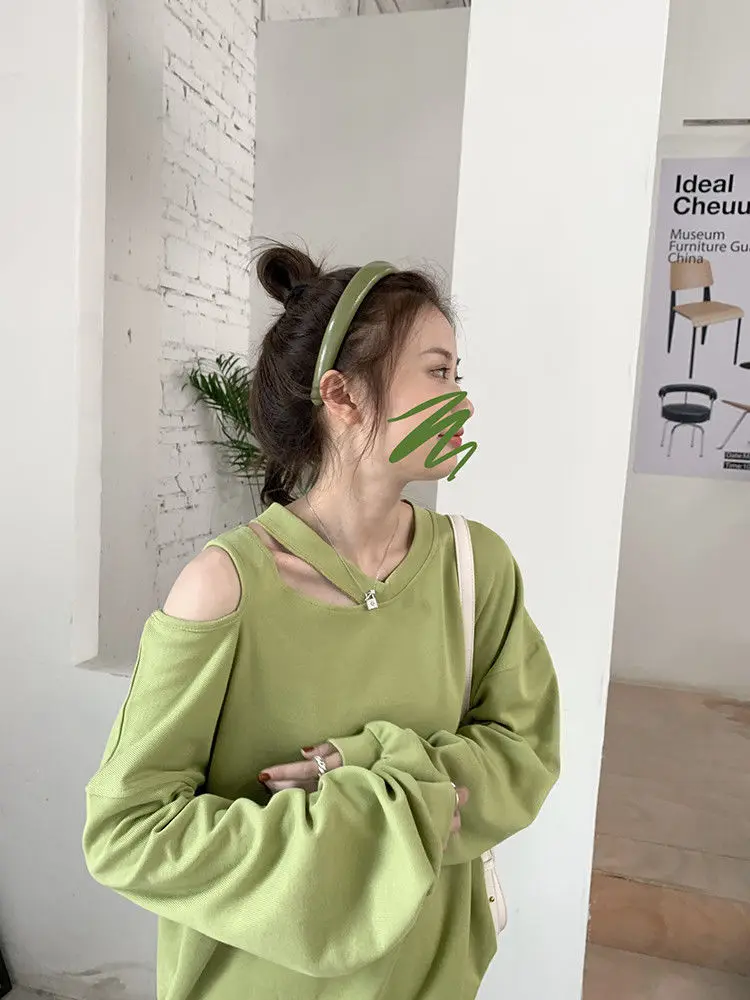 Deeptown Y2K Korean Style Pink Hoodies Women Sexy Off Shoulder Sweatshirts Green Loose Hollow Out All-match Crewneck Tops E-girl