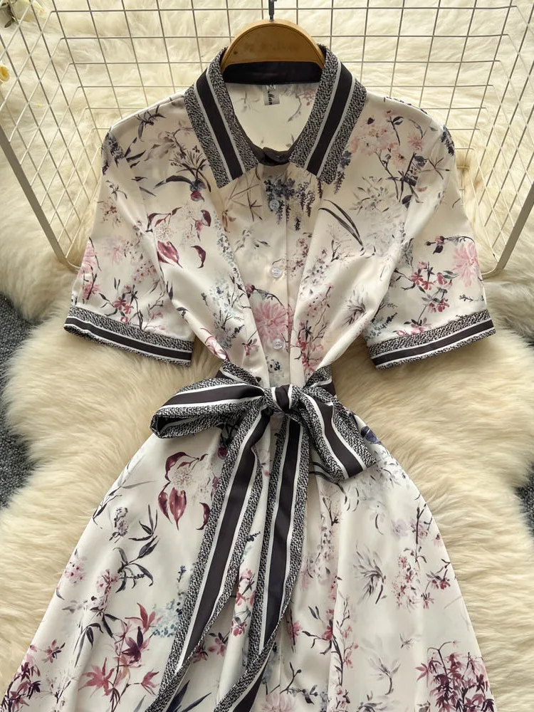 Faionable Floral Print Dr Women's Summer Light Maturi Tie Waist Stand Collar ort Sve Single Button Long Dr