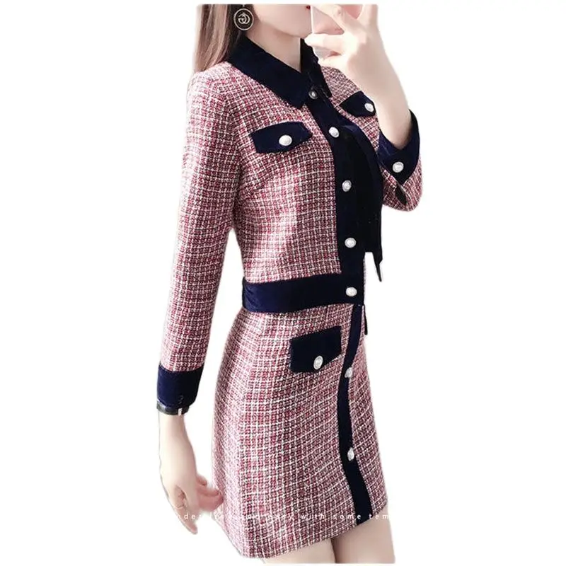 

2PCS Spring Autumn Women Retro Tweed Lattice Two Piece Set Ladies Fashion Temperament Short Jacket + Skirt Female Elegant Suit