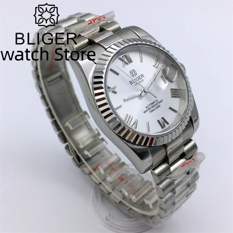 BLIGER NH35A Mechanical Watch for Men Stainless steel Bracelet 36mm/39mm Fluted Bezel Sapphire glass Roman numerals dial