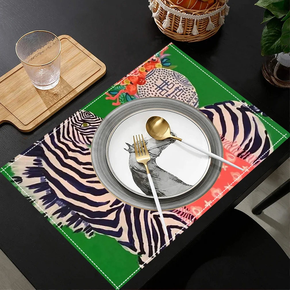 A Set of Four Linen Placemats, Measuring  Featuring Zebra And Oriental Vase Designs, Rectangular Shape, Machine Washable