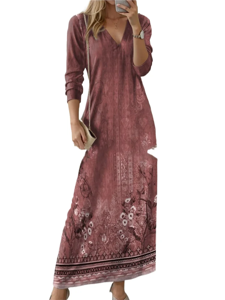 

Fashion Print Dress For Women Casual V Neck Long Sleeve Pullover Dresses Robe Femme Boho Holiday Womens Clothing Spring Summer