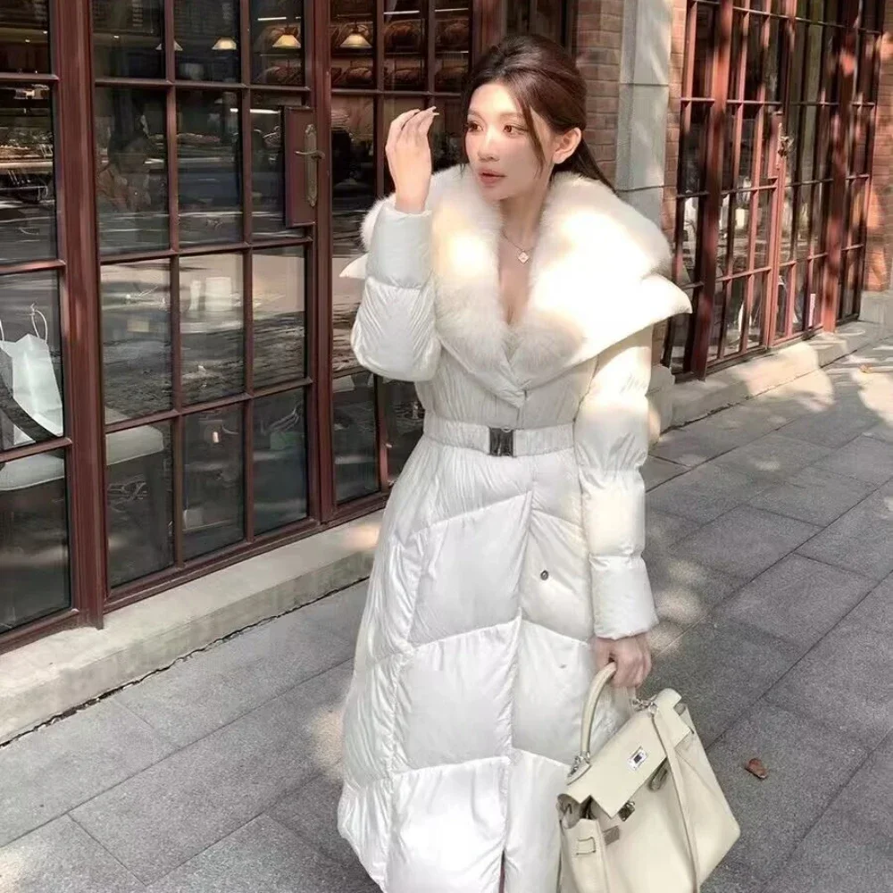 Nuevo Otoño Invierno cuello de piel de zorro abrigo de plumas de ganso blanco ropa de mujer largo grueso cálido chaqueta acolchada esponjosa de piel Real femenina