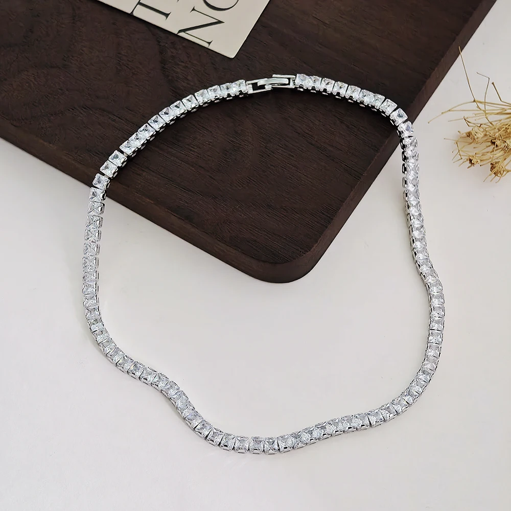 Trendy Square 4mm CZ 40cm Chain Hip Hop Silver Color on The Neck Tennis Necklaces for Women Anniversary Gift Jewelry X7330