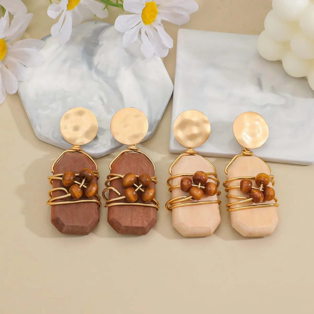 Maillard retro geometric medium and antique earrings for women's high-end rectangular imitation wood hand-wound earrings