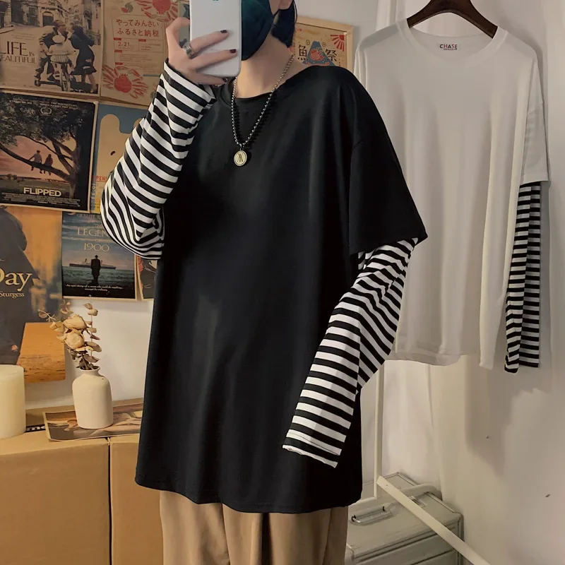 

Korean Harajuku Black White Striped Hip Hop T-shirts Men Women Autumn Long Sleeve Fake Two-piece T Shirt Y2k Solid Streetwear