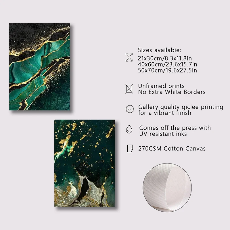 3pcs Abstract Golden Green Agate Light Wall Poster Modern Canvas Poster Wall Art Living Room Bedroom Corridor Decor Moving Gifts