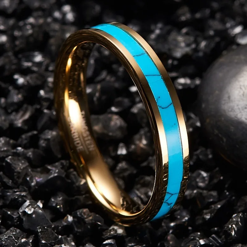 Somen-Bague en Tungstène Turquoise Plaqué Or pour Homme et Femme, Alliance, Pierre Incrustée, Bague de Couple, Bijoux de Travailleurs, 4mm