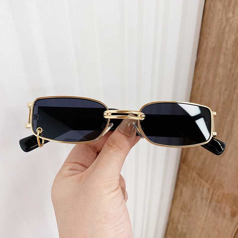 SO&EI Ins Popular Fashion Small Rectangle Women Luxury Sunglasses Vintage Metal Ring Decoration Men Punk Sun Glasses UV400