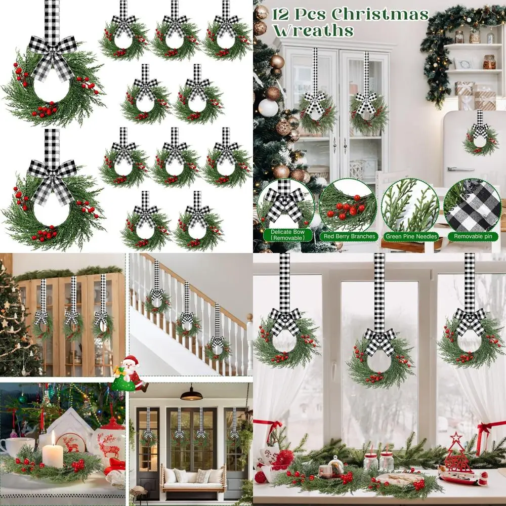 

Мини-рождественские венки из искусственной зелени — 12 упаковок, 9-дюймовые небольшие подвесные венки для кухонного шкафа с клетчатой лентой с бантом