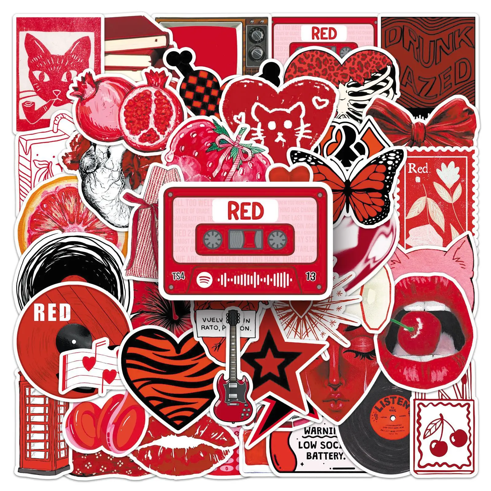 

50PCS Y2K Red Graffiti Sticker Trend Style Material Decoration DIY Luggage Guitar Helmet iPad Waterproof Sticker Kids Toy