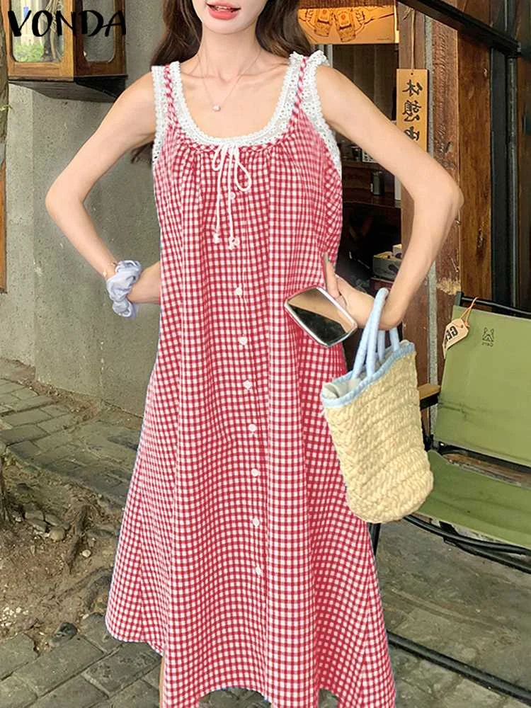 

Summer Sleeveless Dresses 2024 VONDA Women Casual plaid Oversize Lace Patchwork Sundress Robe Loose Street Fashion Vestidos