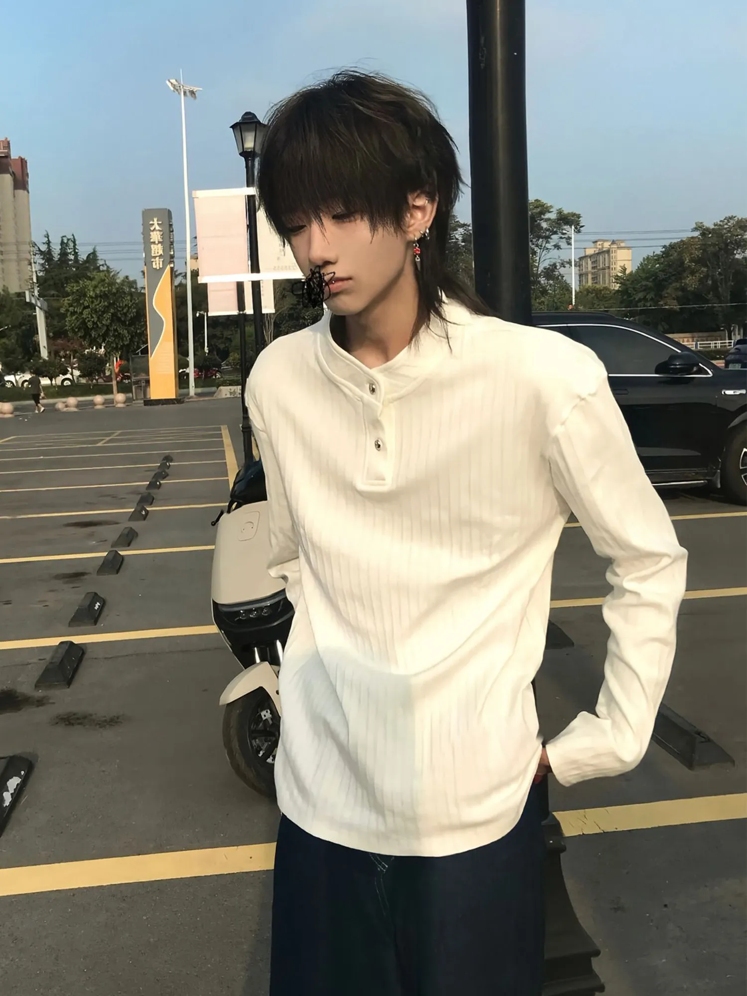 White Long Sleeve  Shirt Button down Henry Collar Inner Wear Luxury Texture Shoulder Padded Base Layer for Teen Boys
