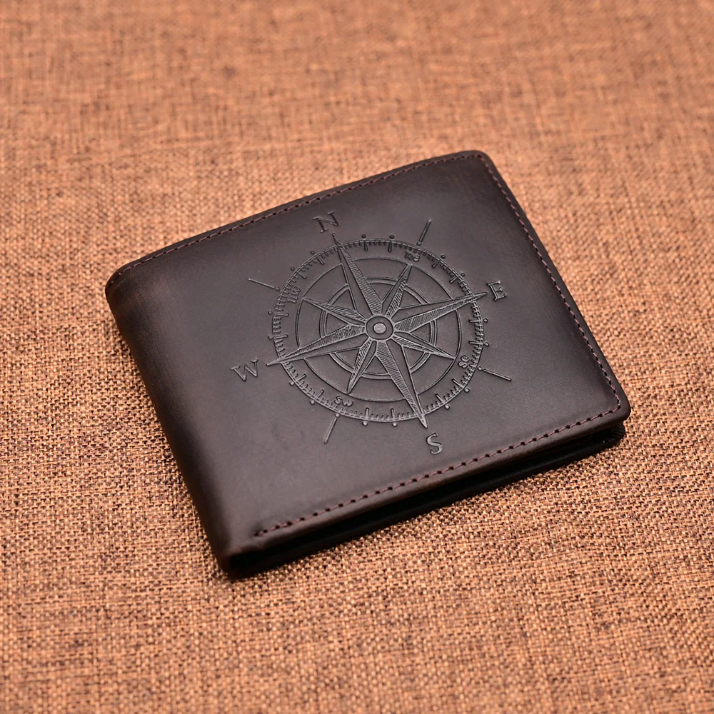 

Vintage Crazy Horse Genuine Leather Men Wallet RFID Blocking Compass Embossed Short Purse Bifold Male Clutch with Coin Pocket