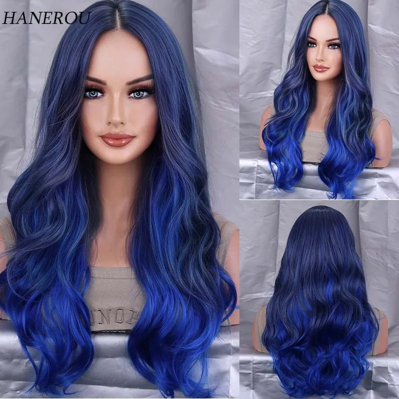 

Long Wavy Dark Blue Gradient Ombre Synthetic Wigs for Women Middle Part Body Wave Wigs Natural Cosplay Hair Heat Resistant Wig