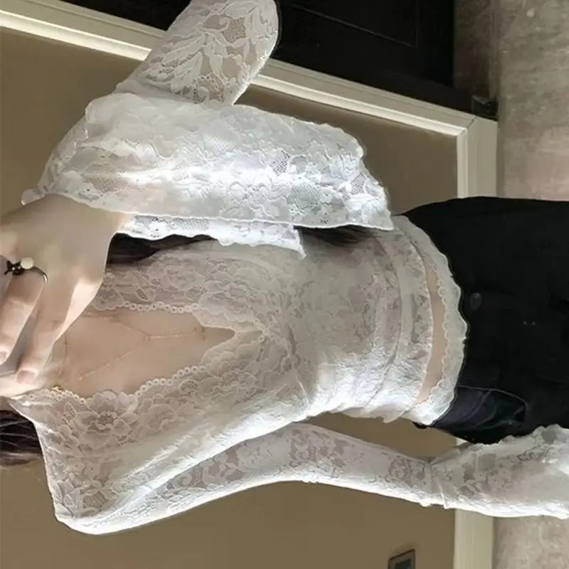Spring Summer Thin Lace Crop Tops For Women White Sexy V-neck Sheer T-shirts Female Fashion Flared Sleeved Party Chiffon Blouse
